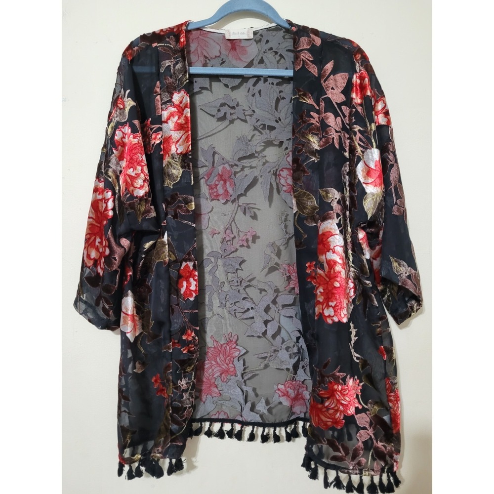 Altar'd State Sheer Kimono Small Black Floral 3D Burnout Velvet Tassels Romantic